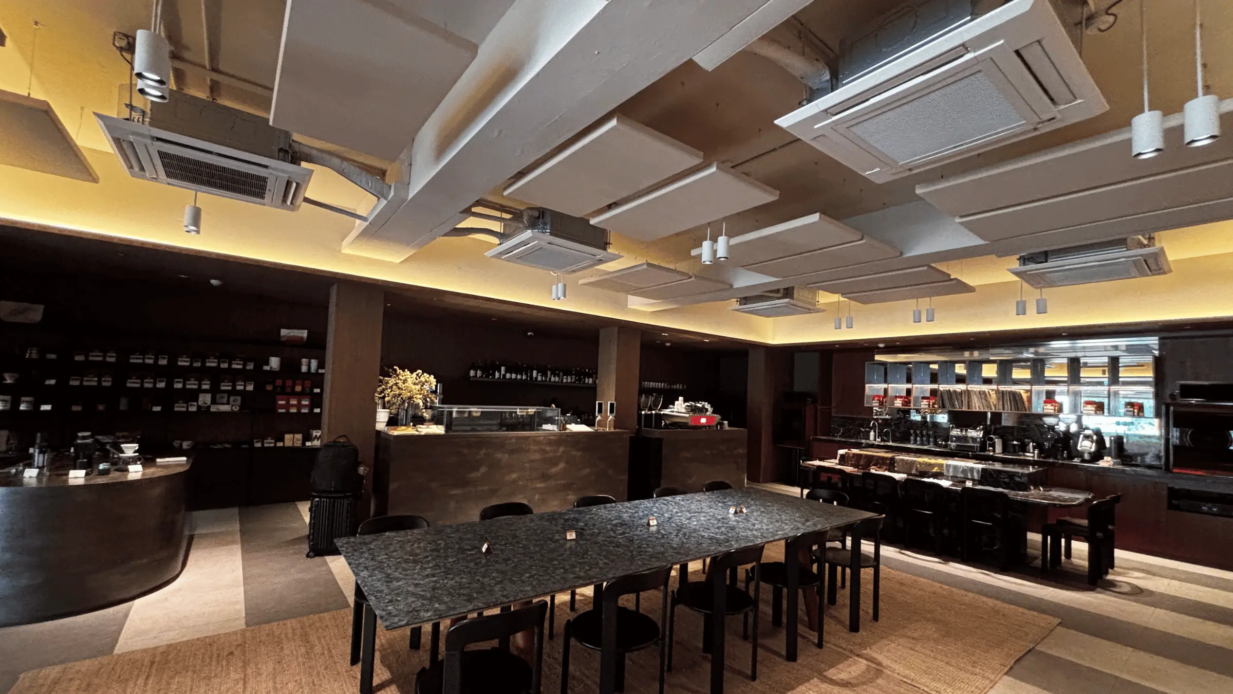 Installed acoustic panels in a hospitality space