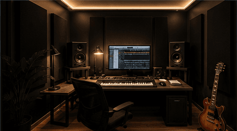 Dark music studio with acoustic panels and production desk